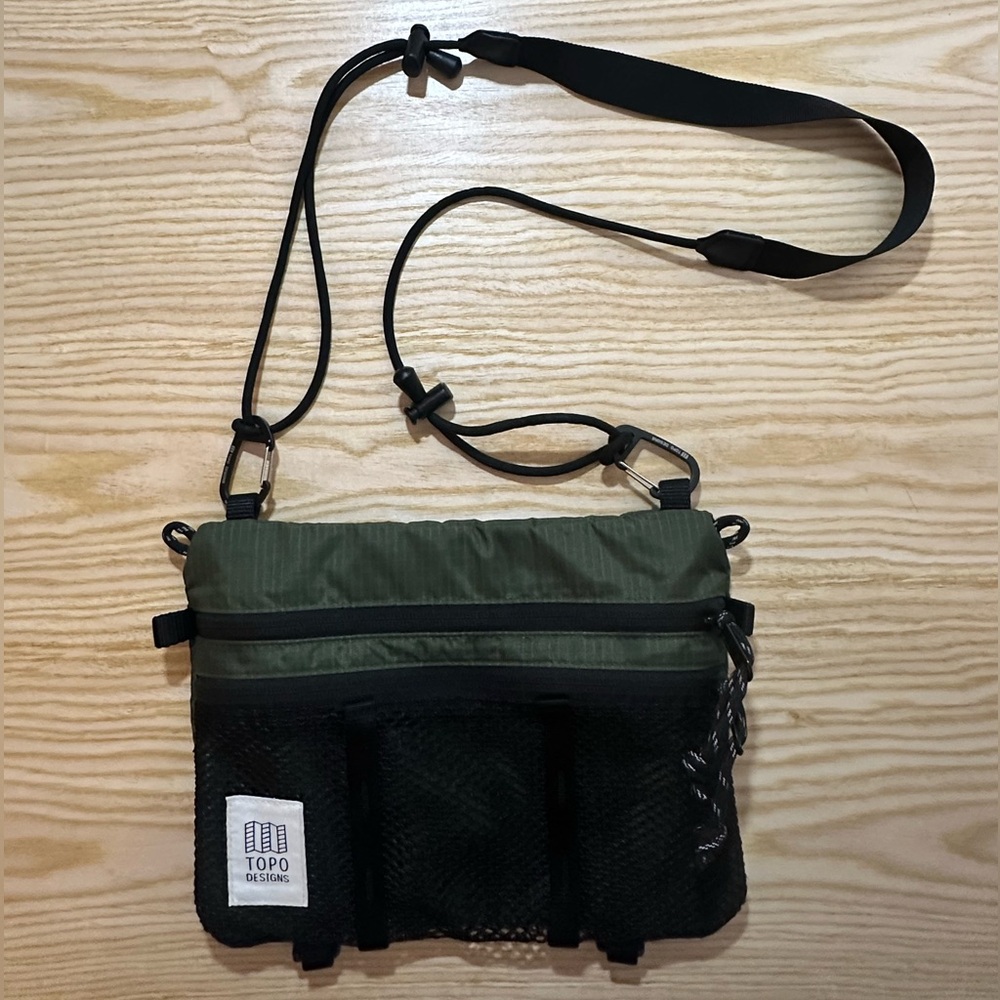 Topo Designs Mountain Hiking Accessory Crossbody Shoulder Bag Army Green Mesh - Picture 2 of 7